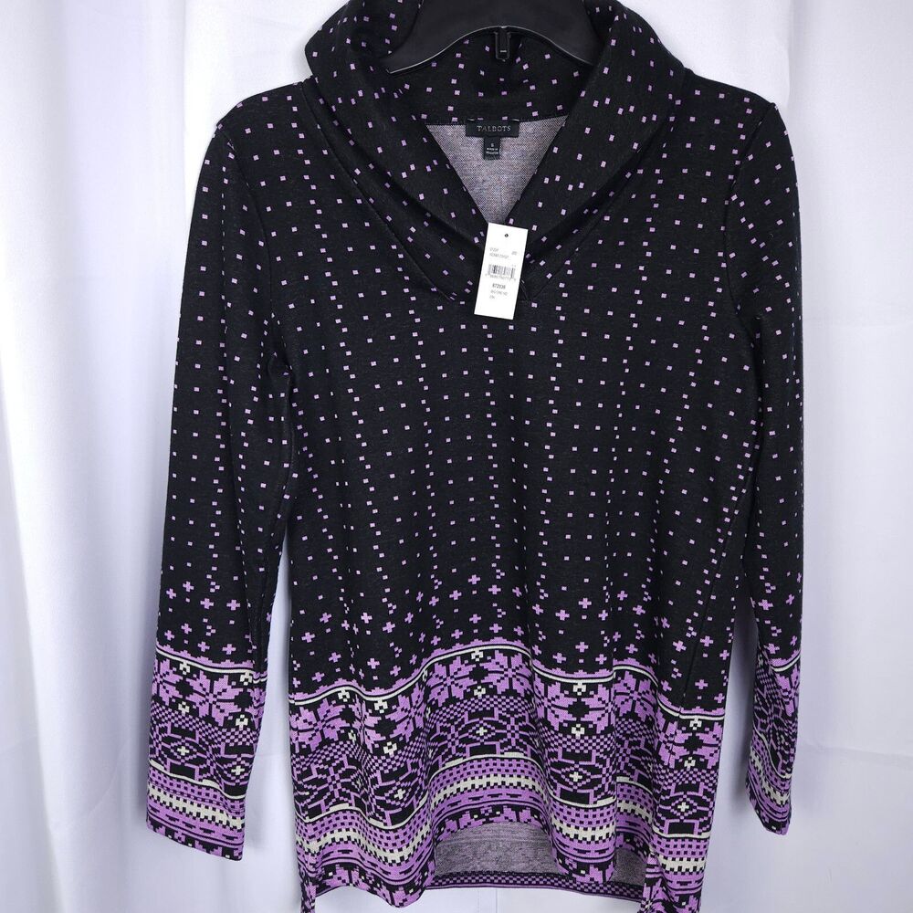NWT Talbots Black Purple Fair Isle Shawl Collar Tunic Women's‎ XS